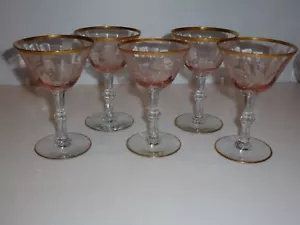 Elegant Pink Depression Glass Set 5 Stem Cocktail Glasses, Rosebud Etch - Picture 1 of 6