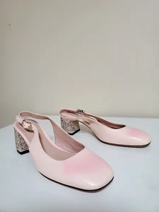 Bally Pink cheri leather size 37.5 7 Sparkly Block heels ankle Strap Italy Made - Picture 1 of 6
