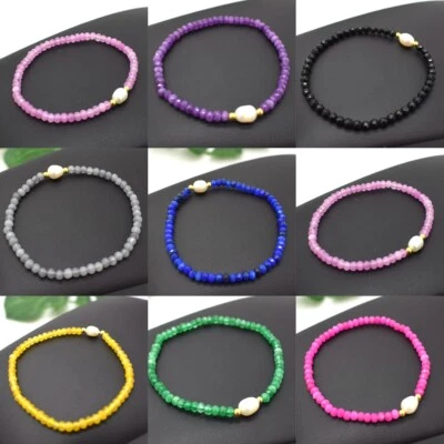 Natural 2x4mm Faceted Gemstone Rondelle Beads & White Pearl Bracelet 7.5" - Image 1 of 4