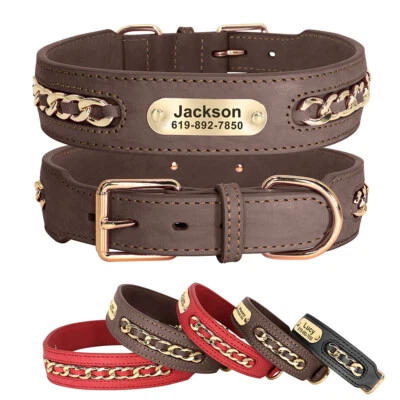 Genuine Leather Dog Collar Personalized Custom Name with Chain Small Large Dogs  - Image 1 of 4