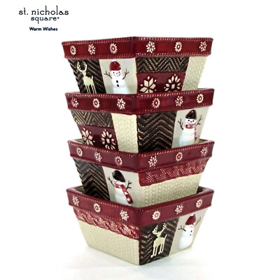 St. Nicholas Square WARM WISHES 12 oz Postre Dip 4" Juego de 4 Cuencos Muñeco de Nieve Rojo Marrón Foto 1 de 4