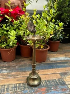 1890's Antique Brass Hand Crafted Peacock Figure Top Oil Lamp Deepak Temple - Picture 1 of 21