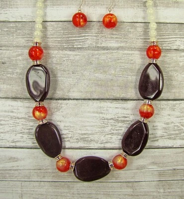 红色和棕色粗串珠项链和耳环带白色珠子,多色 — 第 1/4 张图片