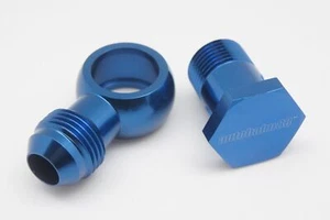 M18 Banjo Eye to AN-10 Male JIC Flare + Banjo Bolt M18x1.5 34mm Long Alloy Blue - Picture 1 of 6