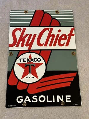 Letrero vintage de porcelana Texaco Sky Chief gasolina 18" con fecha 1990 Foto 1 de 4