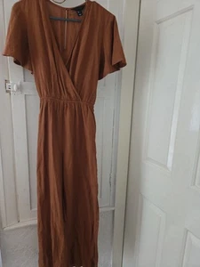 Size 10 Jumpsuit New Look Tan Brown Rust Womens Wide Leg Small Maxi Linen Look - Picture 1 of 5