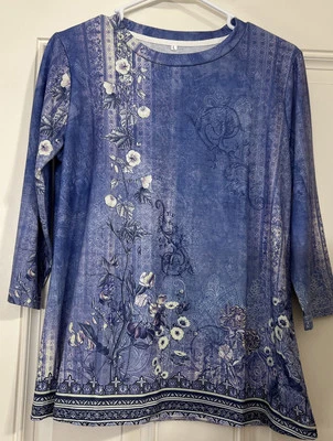 Camisa Mujer L Azul Diseño Pergamino y Floral Mangas 3/4 Cuello Redondo Talla L Foto 1 de 4
