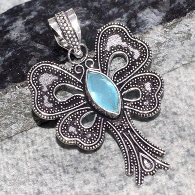 Butterfly Blue Chalcedony 925 Silver Plated Pendant 1.8" Ethnic Gift JW - image 1 of 3