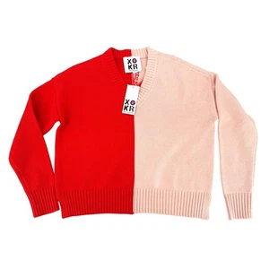 NWT XOKR Kerri Rosenthal V-Neck Colorblock Knit Love Heart Red/Pink Sweater XS - Picture 1 of 8