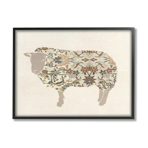 Traditional Floral Pattern Sheep Black Framed Giclee Art Design by Lil' Rue - Picture 1 of 8