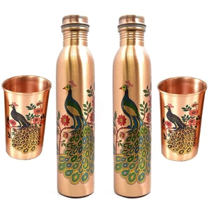 Peacock Print Copper Bottle Set with Copper Glass for Water, 1L, 1000 ml, Set AU - Picture 1 of 2