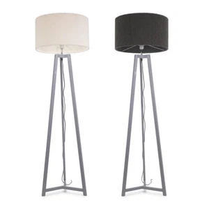 Grey Wooden Tripod Floor Lamp Boucle Drum Lampshade LED Bulb Living Room Light - Picture 1 of 27