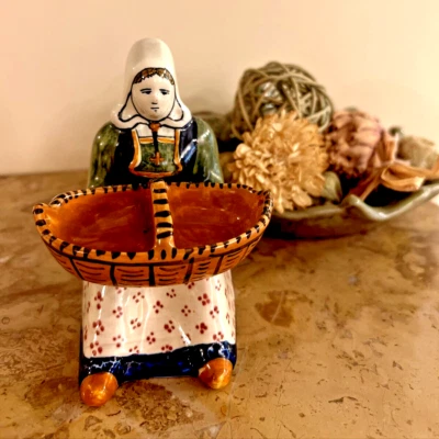 HENRIOT QUIMPER FAIENCE DOUBLE OPEN SALT CRUET LADY FRENCH - Image 1 of 4