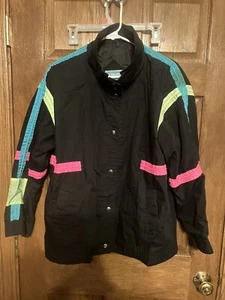 Vintage 90s Climate Zone Neon Striped Snap Up Jacket Mens L Black Lightweight - Bild 1 von 5
