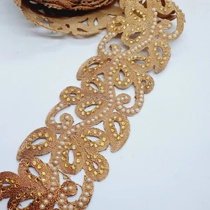 1m Deep gold crystal Pearl indian Metallic braid beaded lace bridal Mirror Trim - Picture 1 of 1