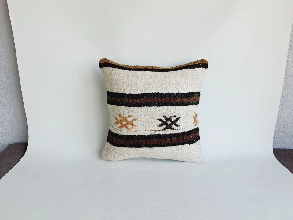 16x16 Wool Embroidered Hemp Pillow Cover , Natural Turkish Pillow Case , 16x16 - Image 1 of 4