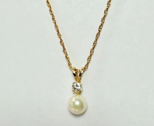 14K YELLOW GOLD FRESHWATER PEARL & CZ PENDANT ON 14K YELLOW GOLD 16" CHAIN - Picture 1 of 7