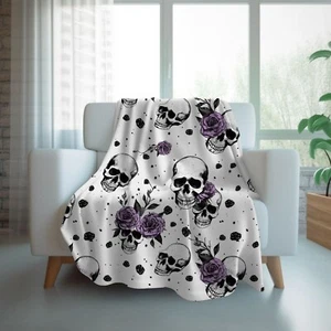 Eternally Yours Skull Velveteen or Sherpa Blanket Violet Rose Macabre by Durazza - Picture 1 of 12