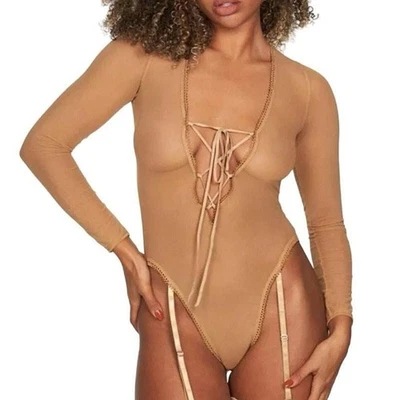 NWT Frederick's Of Hollywood Lola Lee Sheer Lace Up Sheer Bodysuit Teddy L Large - Image 1 of 4
