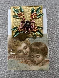 Vtg Merry Christmas Brooch Square Victorian Embossed Gold Tone Holly Bow Rose - Picture 1 of 5