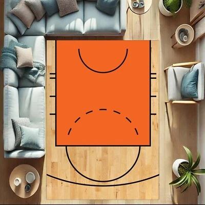 Basketball Court Rug, Sports Decor, Kids Room Rug, Basketball Lover Gift, Orange - Image 1 of 4