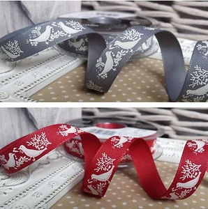 1M x 15mm Turtle Doves, Love Birds Ribbon. Grey / Red,Gift,Card,Christmas,Craft. - Picture 1 of 5