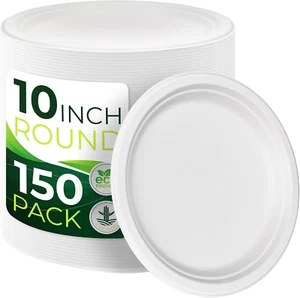 150PCS 100% Compostable Paper Plates(10 In), Heavy Duty Disposable Plates, Eco F - Picture 1 of 7