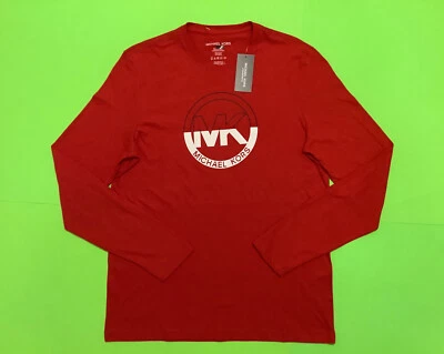 MICHAEL KORS Men’s Long Sleeve T-Shirt Size MEDIUM Red w/White 100% Cotton - Image 1 of 4