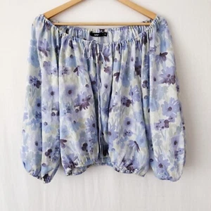 Sportsgirl Linen Blouse Top Size 10-12-14 Blue Green Floral Balloon Sleeve Crop - Picture 1 of 12