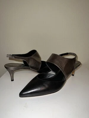 女式 Brian Atwood 皮革黑色/灰色金属浅口露背鞋 10 码 — 第 1/4 张图片