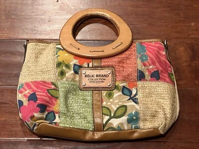Relic Brand Collection Brown Red Floral Wooden Handle Pocket Hobo Handbag Purse - Image 1 of 4