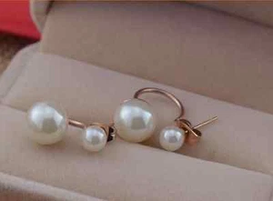 18KGP Rose Gold Stainless Steel Unique Double White Pearl Front Back Earrings - Picture 1 of 4