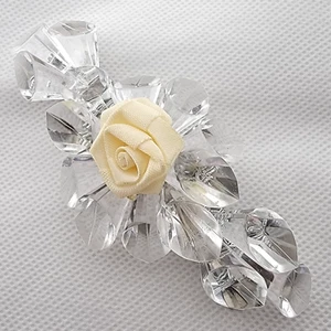 Vintage Clear Lucite Cluster w/ Fabric Center Beige Rose 4"x1-7/8" Hair Barrette - Picture 1 of 10