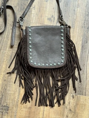 Montana West Fringe Crossbody Bag Brown with Turgouse Color Studs. Gently Used. - Image 1 of 4