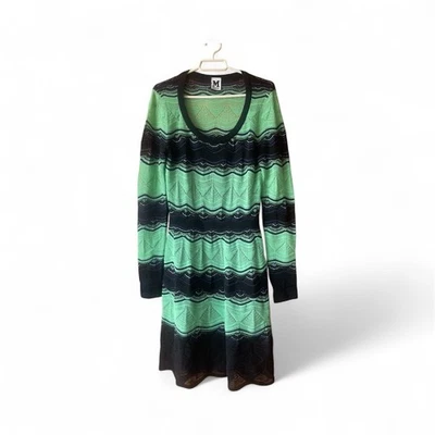 Missoni Knit Dress Size L (42)  – Black Green Zigzag Pattern Stretch Wool Blend - Imagen 1 de 4