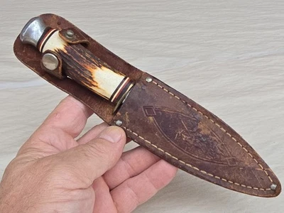 Старый винтажный охотничий нож марки Bulldog Solingen Германия ручной работы с кованой рукоятью из оленя - Изображение 1 из 4