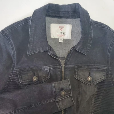 Chaqueta Denim GUESS Los Angeles L/G Negra Cremallera Moto Acanalada Lavada Jeans Abrigo Foto 1 de 4