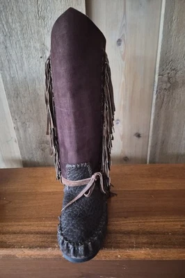 Botas mocasín marrón de cuero hechas a mano de indios nativos americanos-talla 8 Foto 1 de 4
