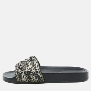 Chanel Black/White Tweed Fabric Tropiconic Chain Link Flat Slides Size 36 - Picture 1 of 9