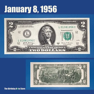 January 8, 1956 Birthday Anniversary $2 Two Dollar Bill Serial Number 01081956 - Image 1 of 2