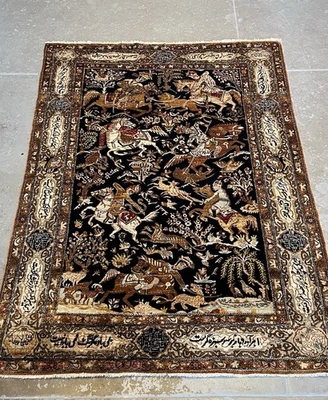 Very Fine Vintage hunting Design 4.5x6.9 P ersian  Q  um  100% Pure Silk rug. - Image 1 of 4