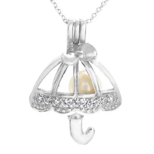 925 Sterling Silver Ribbon Parasol CZ Pearl Cage Pendant & Necklace 7mm Pearl - Picture 1 of 3