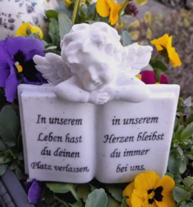 Grabschmuck Trauer Engel Mit Buch Und Spruch Weiß Kunststein Deko Gedenkstein - Bild 1 von 5