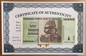 2X 50 Billionen Dollar Authentic Simbabwe AA 2008 UNC ZERTIFIKAT UV BESTANDEN COA - Bild 1 von 12