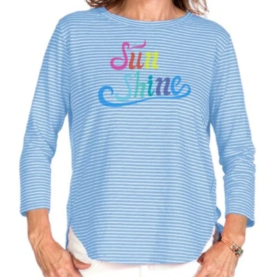FRESH PRODUCE Medium Bayside Blue $63 Sunshine Pinstripe Catalina 3/4 Top NWT M - Image 1 of 2