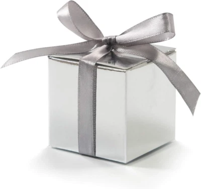 Party Favor Gift Boxes 2" Square w/ Ribbons Silver for Weddings Baby Showers - Image 1 of 4