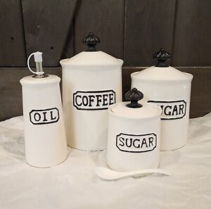 4pc THL Canister Farmhouse Label Ceramic Sugar Coffee Kitchen Set