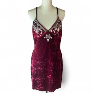 VTG Natori Burgundy Red Crushed Velvet gothic mini bodycon slip dress L art deco - Picture 1 of 9