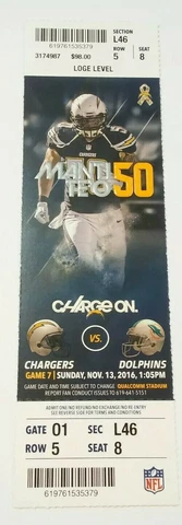 2016 Miami Dolphins San Diego Chargers NFL Football Ticket Los Angeles Cover