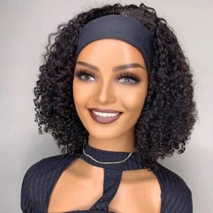Headband Wig Wave Culry Real Human Hair Wigs Black Full Machine Made Wig No Lace - Picture 1 of 6